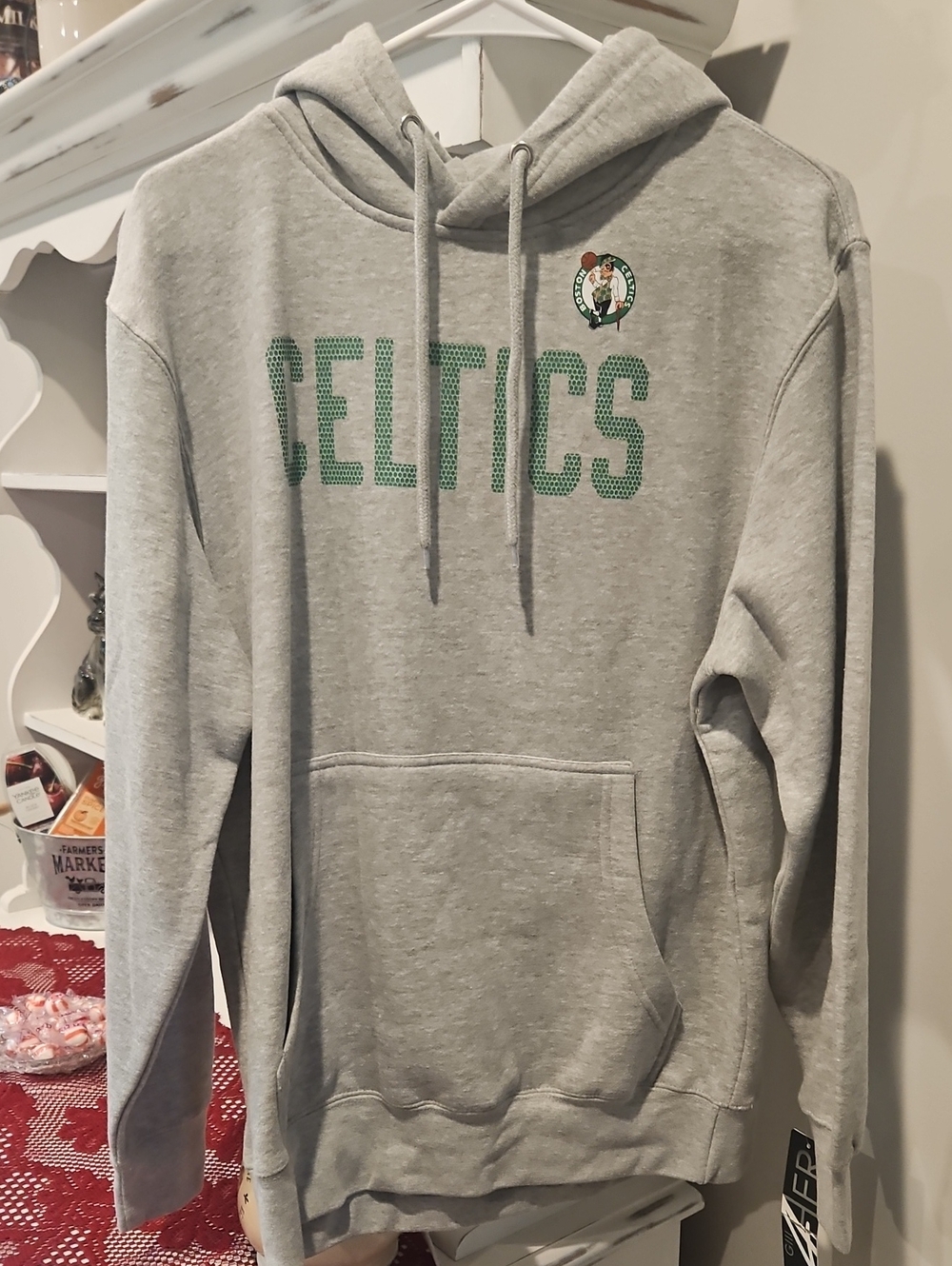 Celtics Gray Pullover Hoodie with Green Lettering